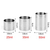 Three stainless steel bar measures showing 25ml, 35ml, and 50ml volumes with corresponding height measurements.