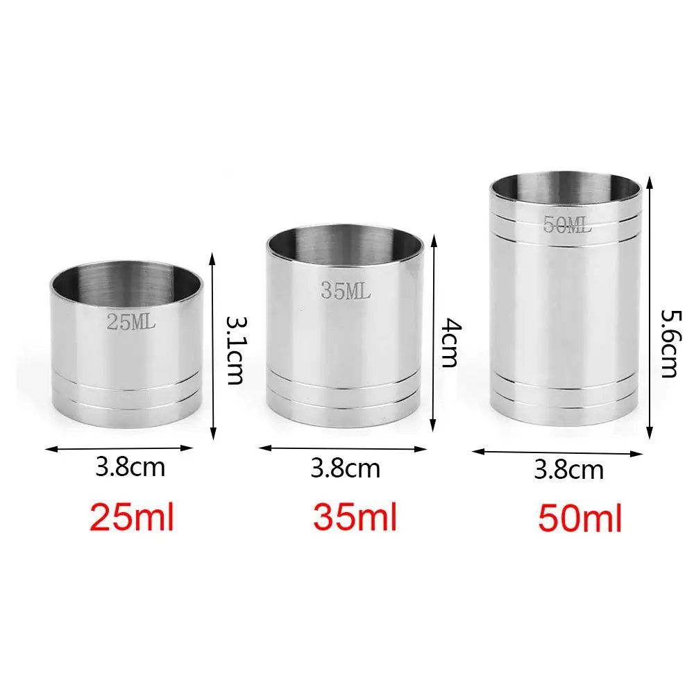 Three stainless steel bar measures showing 25ml, 35ml, and 50ml volumes with corresponding height measurements.