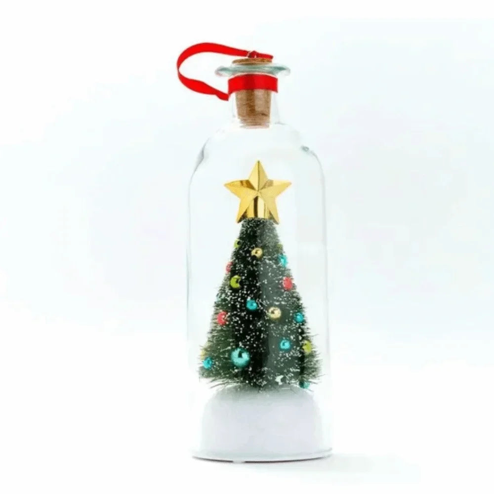 A clear glass bottle with a red cap and a gold star decoration, used for a recordable Christmas message.