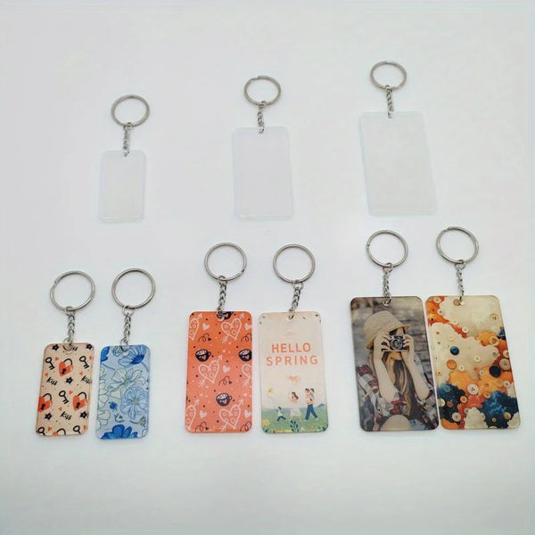 A collection of custom photo and logo acrylic keychains with various designs and colors.