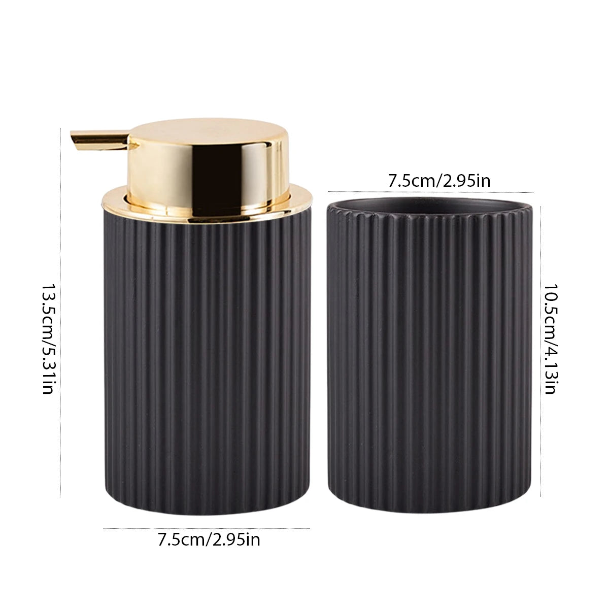 A black foaming soap dispenser with a gold cap and a toothbrush holder, shown in a side view.