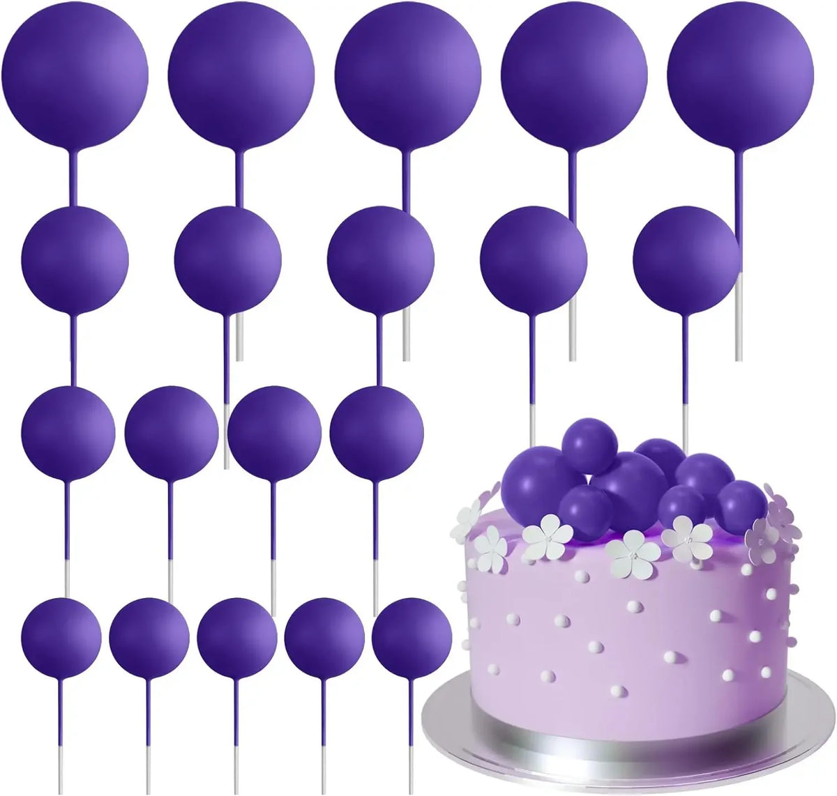 A collection of 20 purple ball cake toppers on sticks arranged in a grid.