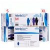 A set of disposable nitrile gloves in various sizes S, M, and XL packaged for sale.