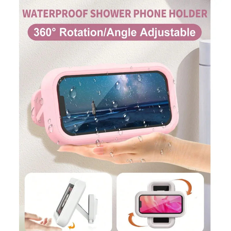 A pink waterproof shower phone holder is shown being used to hold a smartphone, demonstrating 360-degree rotation and angle a