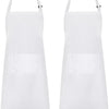 A pair of white adjustable chef aprons displayed side by side.