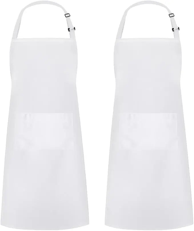 A pair of white adjustable chef aprons displayed side by side.