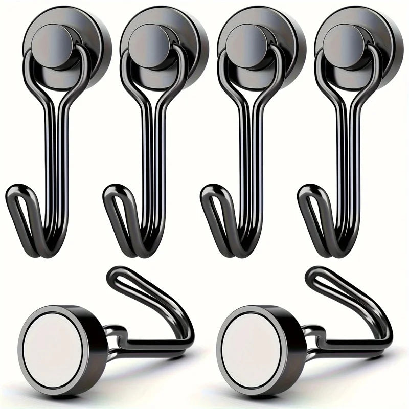 A set of heavy duty magnetic hooks in black and silver finish shown from various angles.