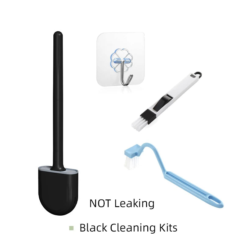 Kits de nettoyage noirs comprenant une brosse à toilette en silicone fixée au mur et un outil de nettoyage.