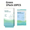 A package of 10 disposable toilet seat covers in green packaging.