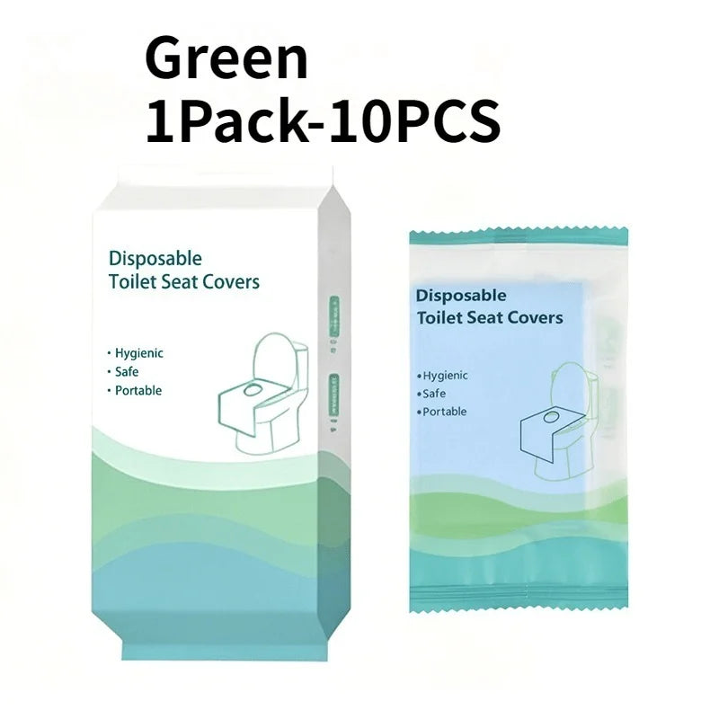 A package of 10 disposable toilet seat covers in green packaging.
