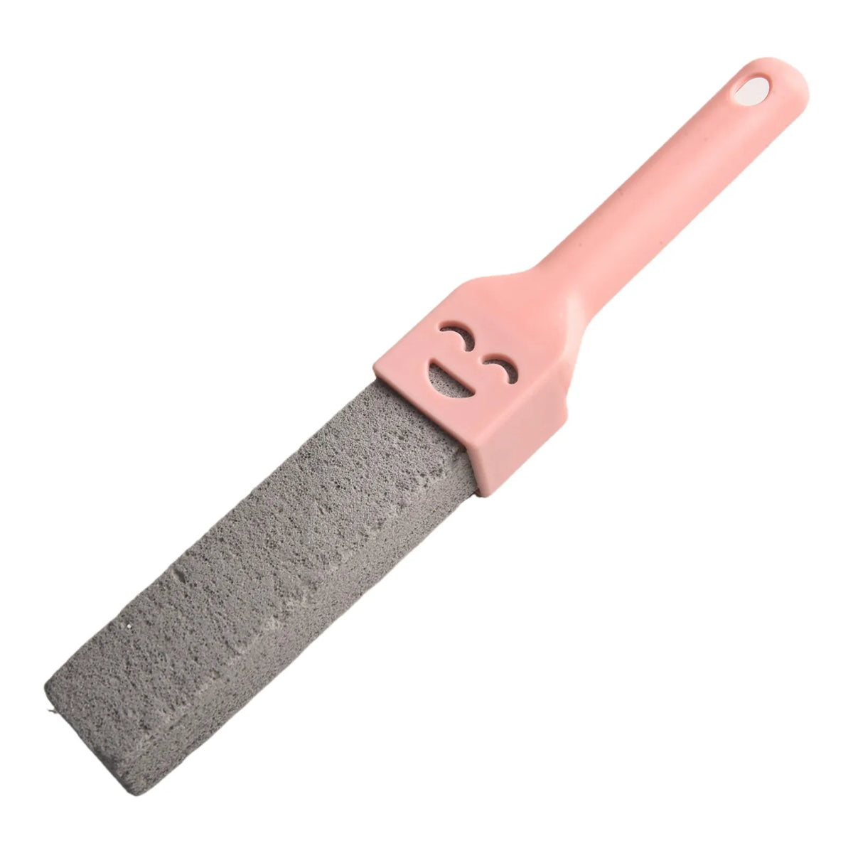 A pink natural pumice toilet cleaning brush with a handle and gray bristles.