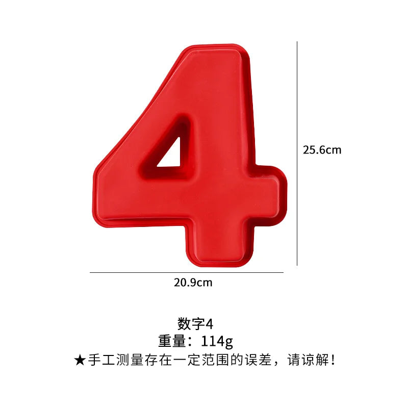 A red silicone number 4 cake mold with dimensions 25.6cm by 20.9cm.