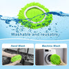 Bright green replacement spin mop heads shown being used for hand wash and machine wash.