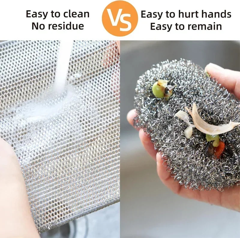 Comparison showing a metal wire cleaning cloth easily cleans without residue versus one that is easy to hurt hands and remain
