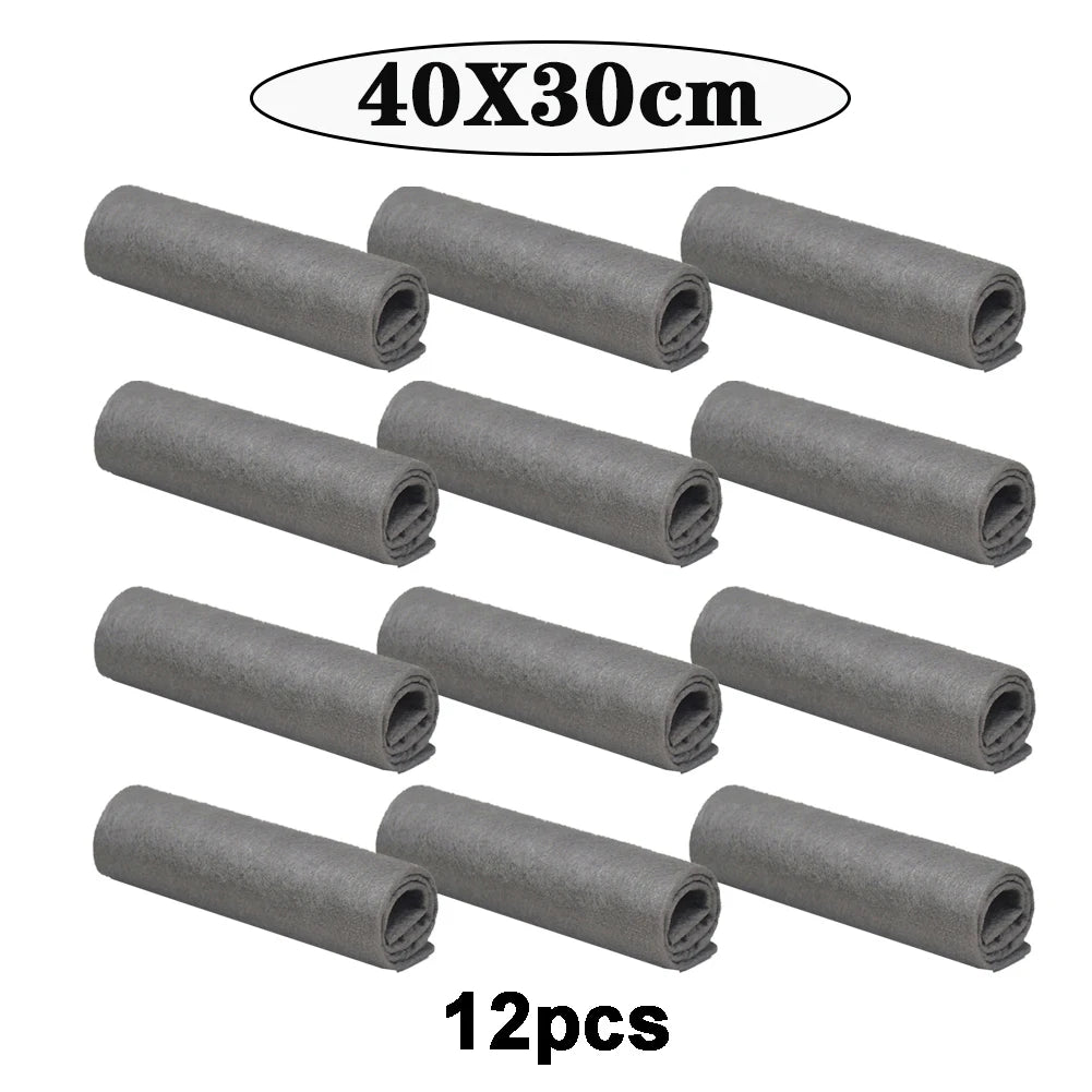 Twelve rolls of gray thickened microfiber cleaning cloths, measuring 40x30cm each.