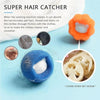 An orange super hair catcher product next to various lint and hair remover balls demonstrating its use for cleaning clothes.