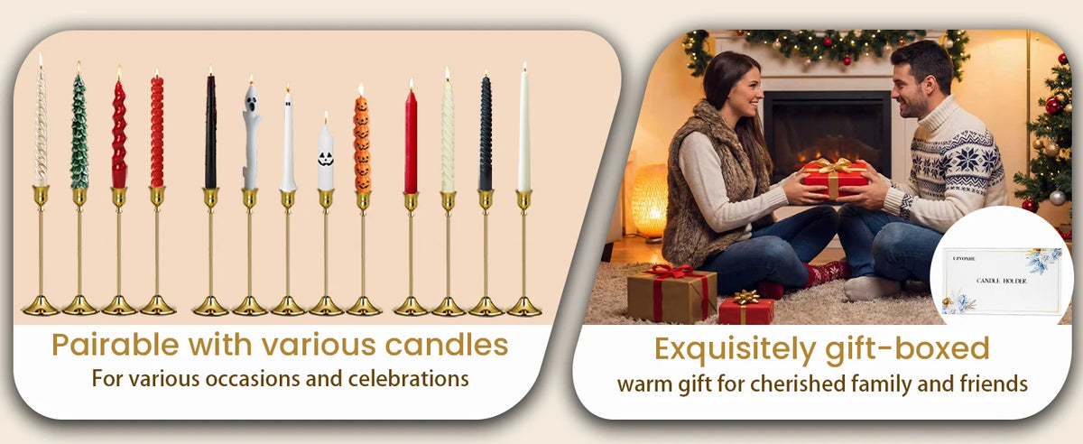 A set of six gold weighted metal taper candlestick holders displayed next to a couple gifting a wrapped present.