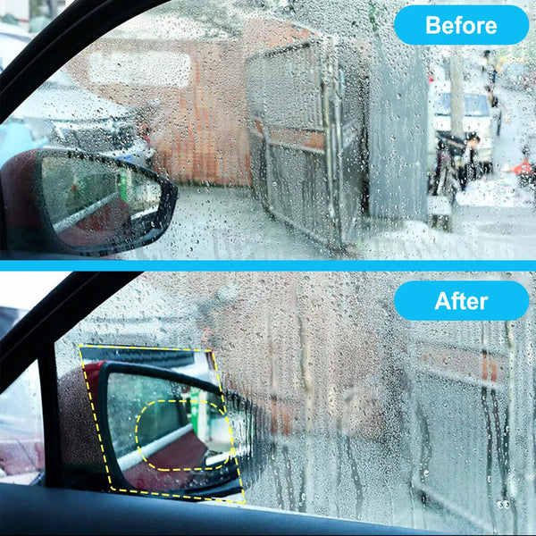 Before and after comparison of anti-fog and rainproof film on a car mirror.