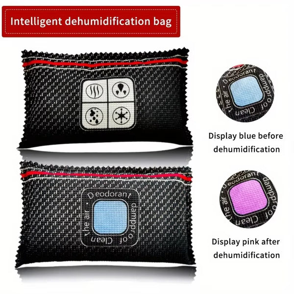 A black intelligent dehumidification bag showing a display of icons before and after the dehumidification process.