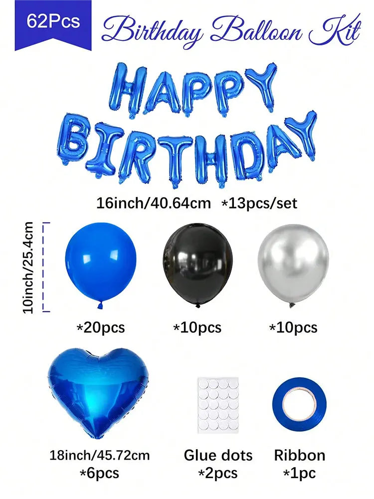 A kit of 62 balloons including blue, black, and silver balloons, heart-shaped balloons, glue dots, and ribbon for a birthday 