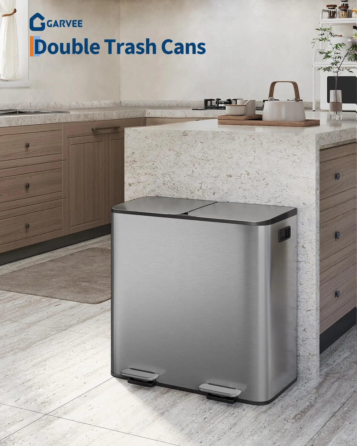 A stainless steel double trash can with a recycling bin sitting on a kitchen countertop.