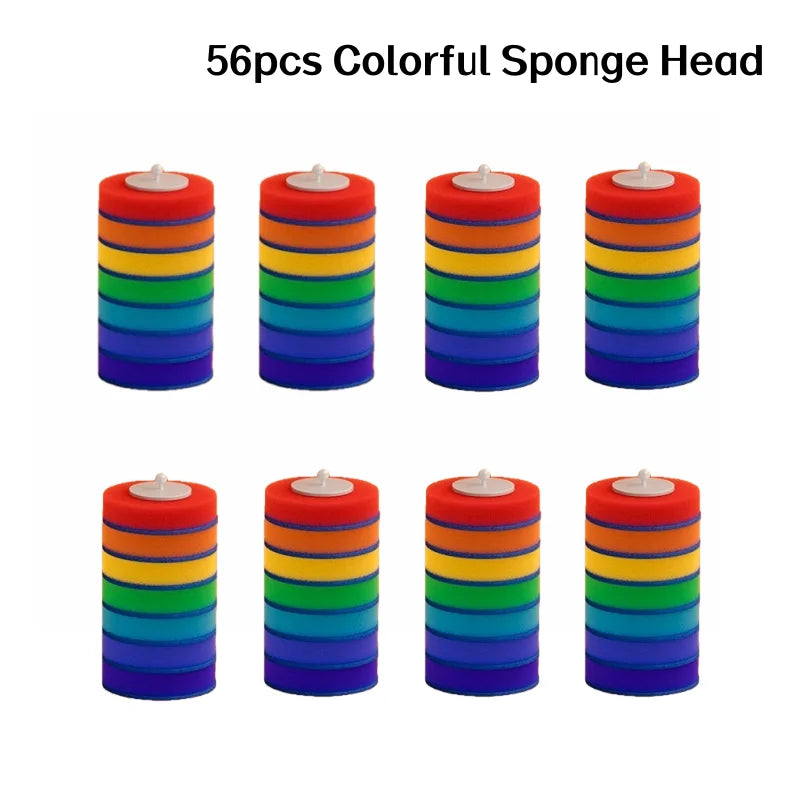 A set of 56 colorful sponge heads for a disposable toilet brush cleaning kit