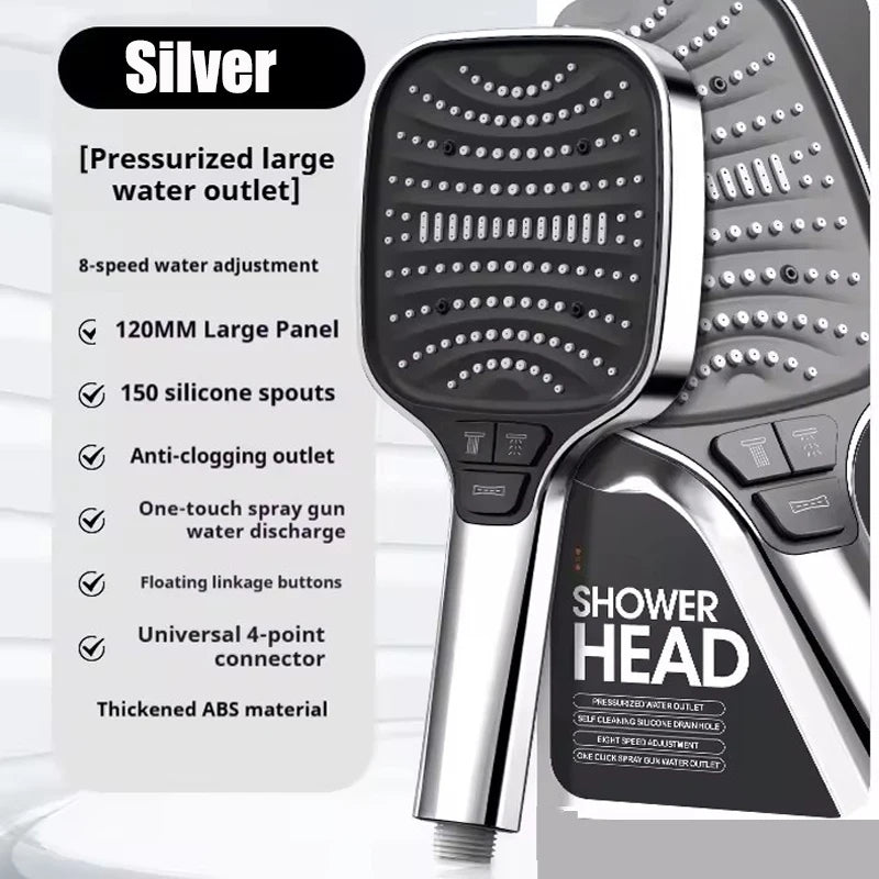 Silver pressurized large water outlet shower head with 8-speed adjustment and silicone spouts