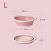 Recipiente plegable portátil de ropa rosa, con dimensiones de 28 cm y 8.5 cm.