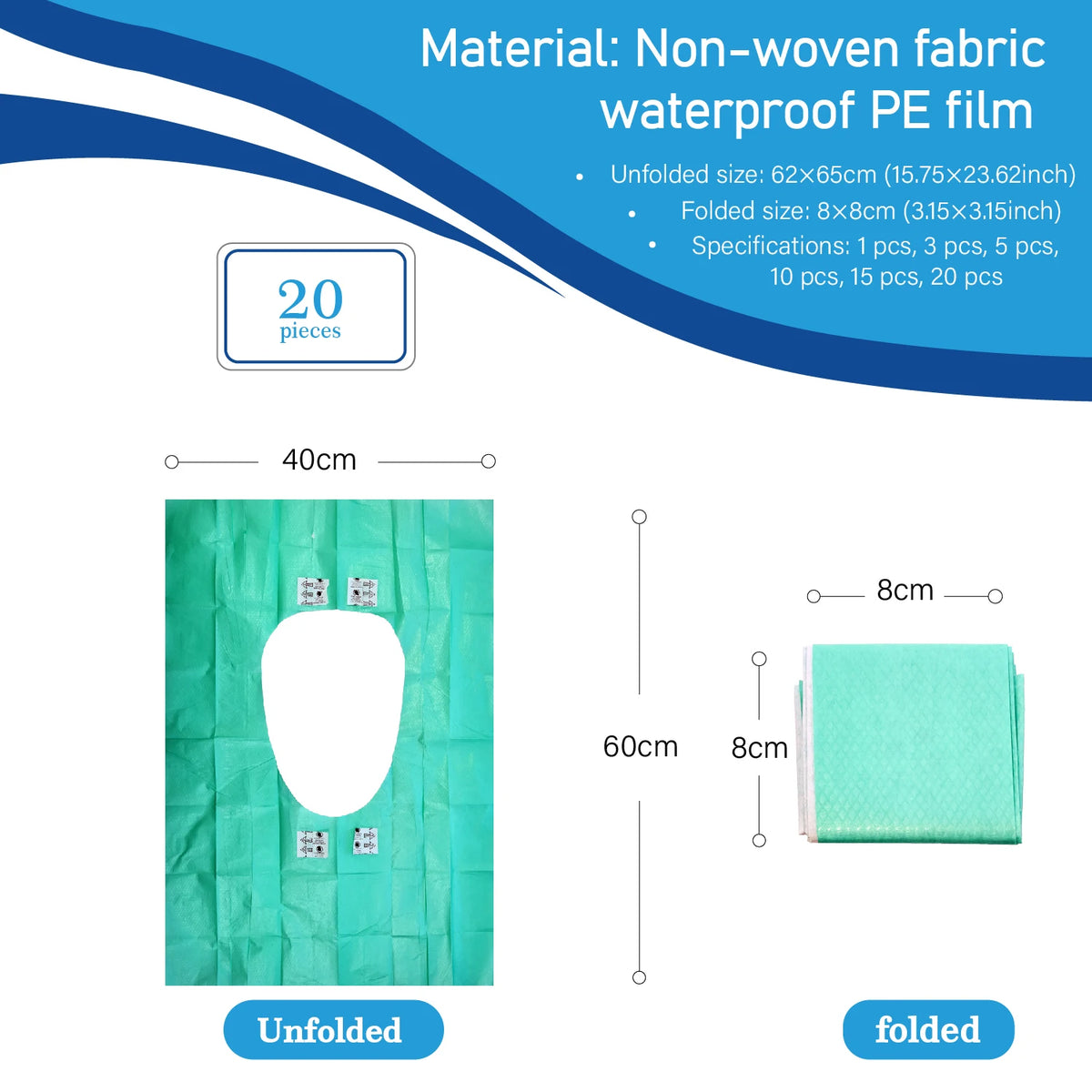 Unfolded and folded non-woven fabric waterproof PE film toilet seat covers in teal color