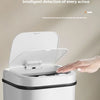 A white touchless sensor trash can with an open lid is shown, demonstrating intelligent detection of every action.