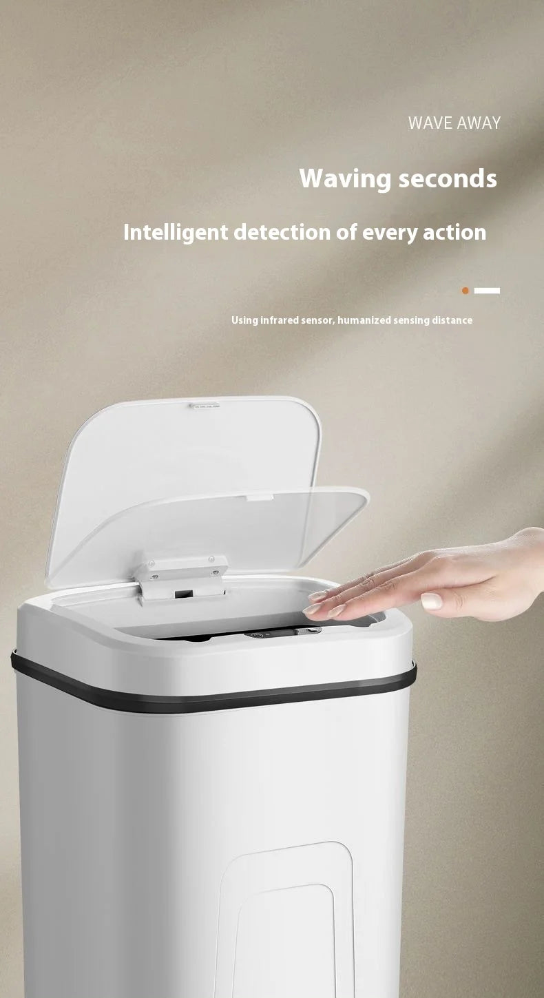 A white touchless sensor trash can with an open lid is shown, demonstrating intelligent detection of every action.