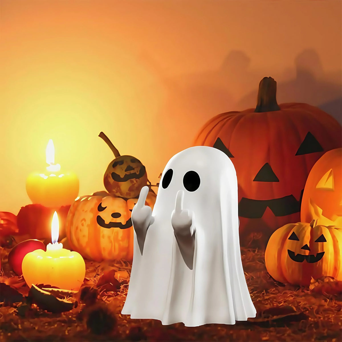 Weiße Geistfigur mit Mittelfinger-Geste, umgeben von geschnitzten Kürbissen und einer Kerze in Herbststimmung.