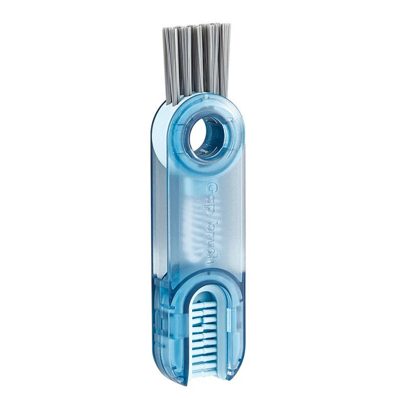 Klare blaue 3-in-1-Tassebürste mit Borsten zum Reinigen von Flaschen und Thermoskannen.