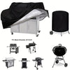A black heavy-duty grill cover is shown open over a silver gas BBQ grill, next to various grill accessories.