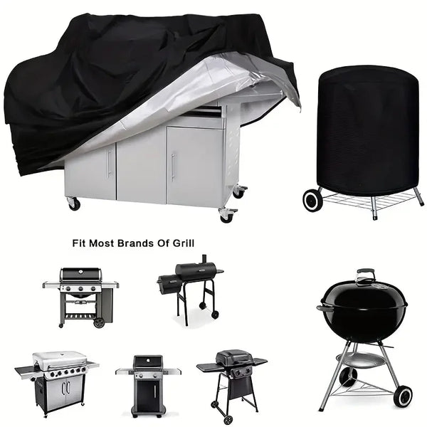 A black heavy-duty grill cover is shown open over a silver gas BBQ grill, next to various grill accessories.