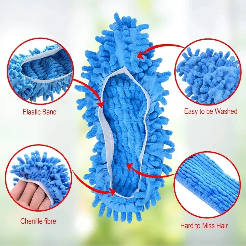 Blue microfiber dust-absorbing slippers with elastic band and chenille fibre texture