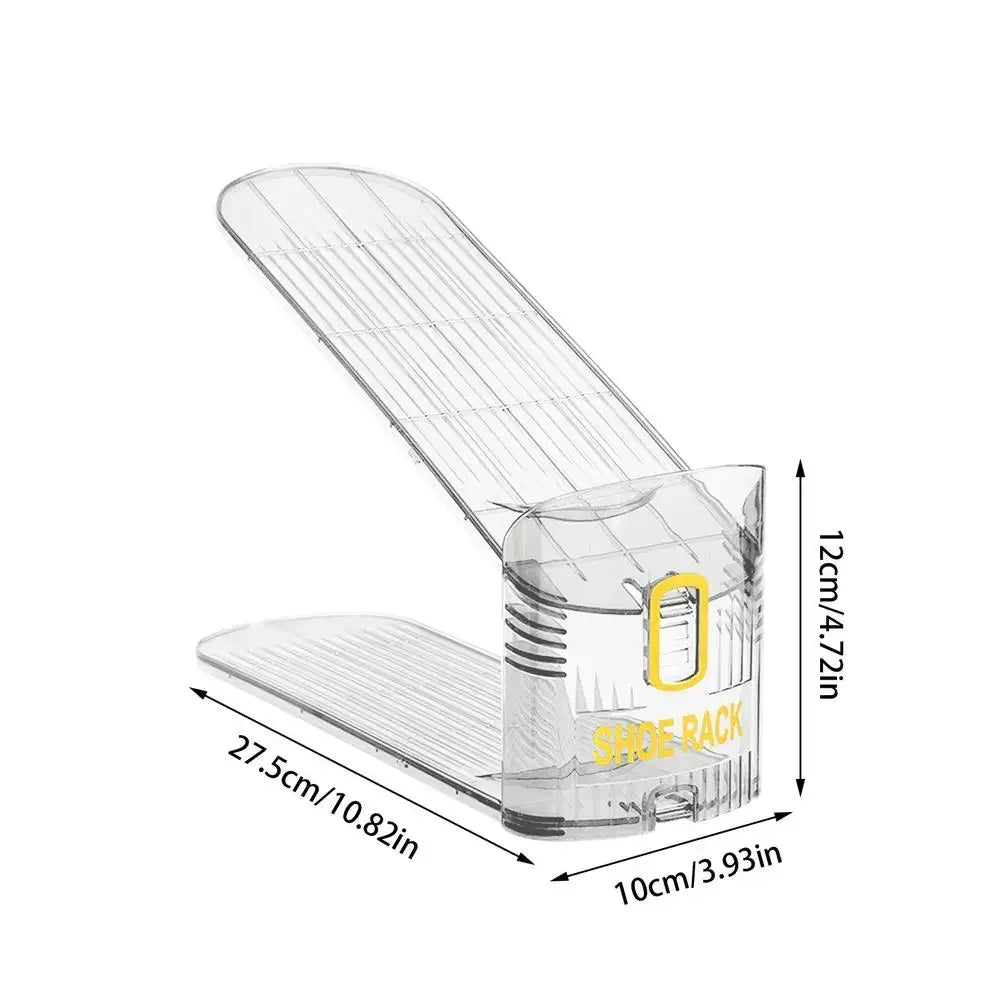 Clear adjustable foldable shoe organizer rack with a transparent plastic design.