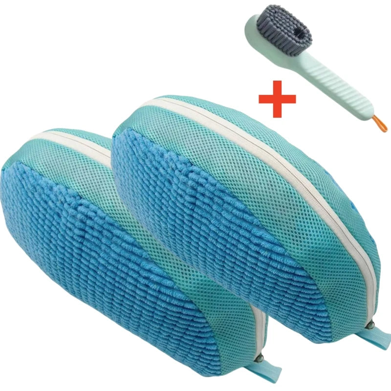 A pair of light blue shoe cleaning pads with white stripes and a separate brush are shown.