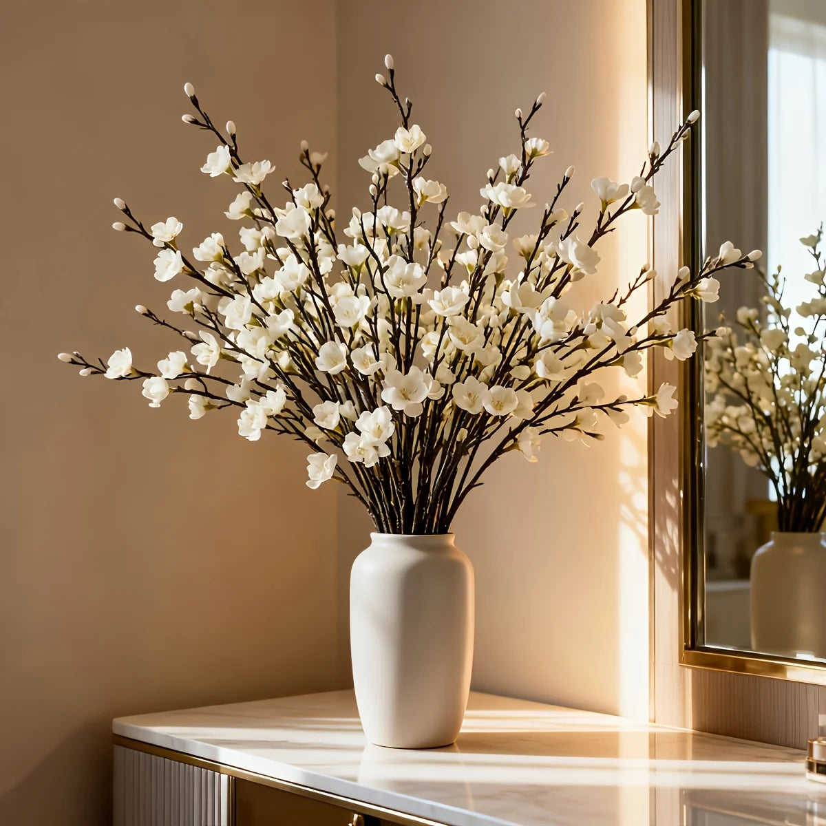 A vase filled with artificial white plum blossoms displayed on a light-colored marble surface.