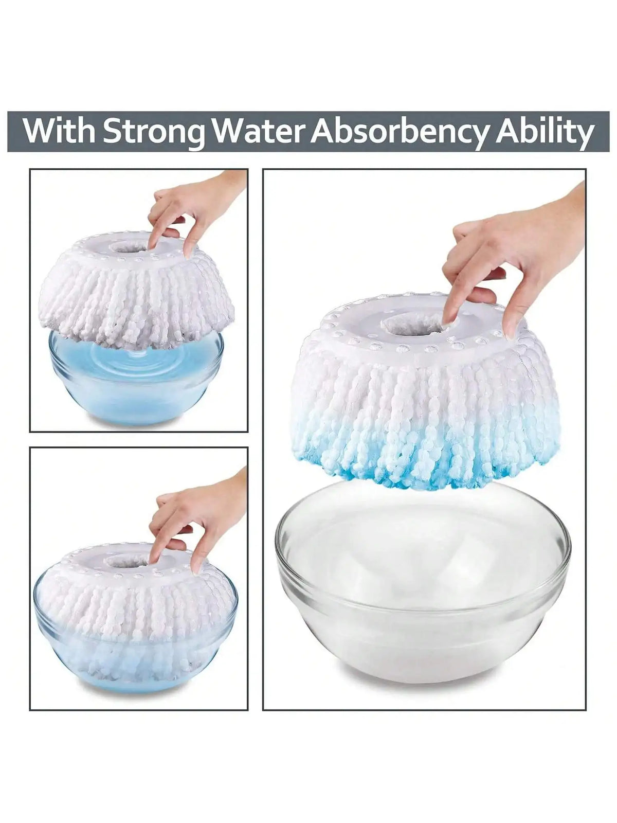 Demonstration of strong water absorbency ability with microfiber spin mop heads soaking in water.