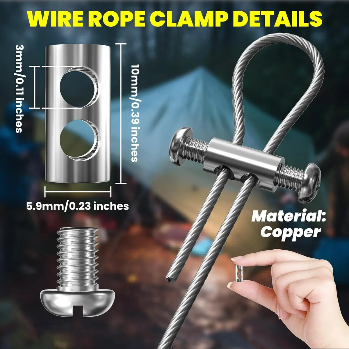 Details of a wire rope clamp showing dimensions and copper material