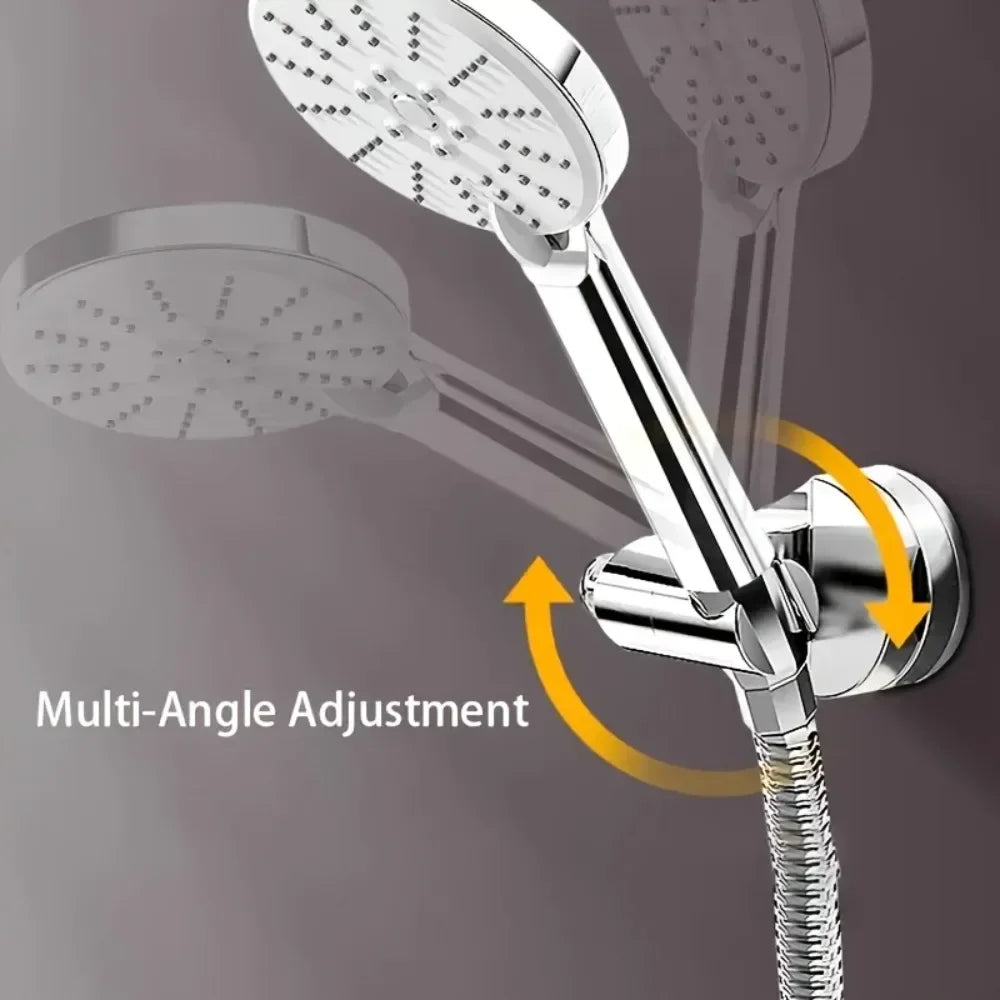 A chrome multi-angle adjustment shower head holder with a suction cup design.