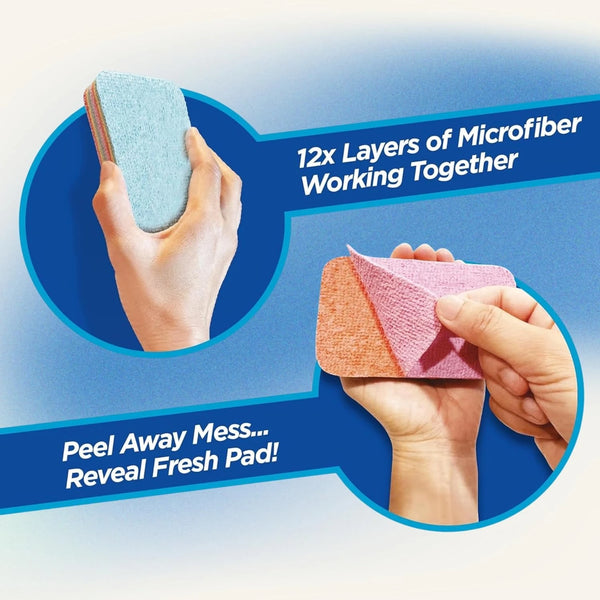 Hands peel away a layer of microfiber to reveal a fresh pad, demonstrating 12 layers working together.