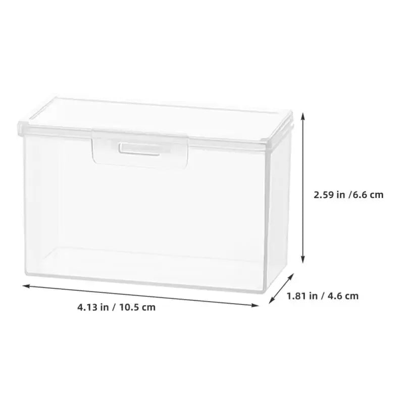 A clear plastic storage box with a lid, measuring 2.59 in by 4.13 in.