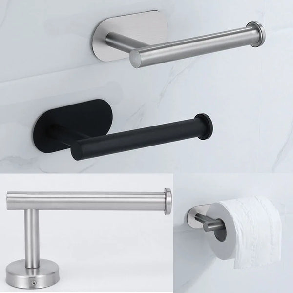 Stainless steel wall mount for tissue and paper towels with a cylindrical bar and mounting plate.