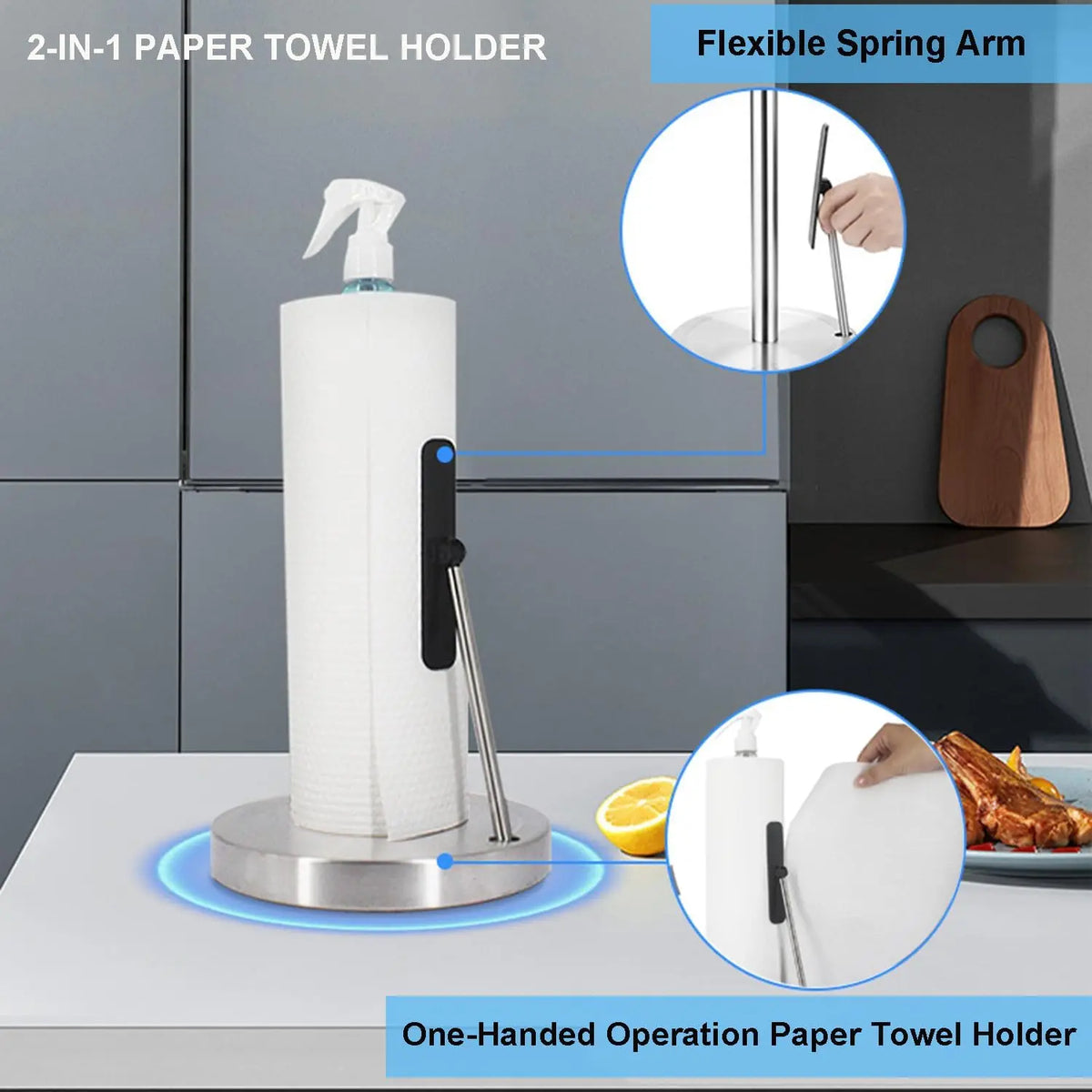 Edelstahl-Papierhandtuch- und Toilettenpapierhalter mit flexibler Federarm für eine Handbedienung.