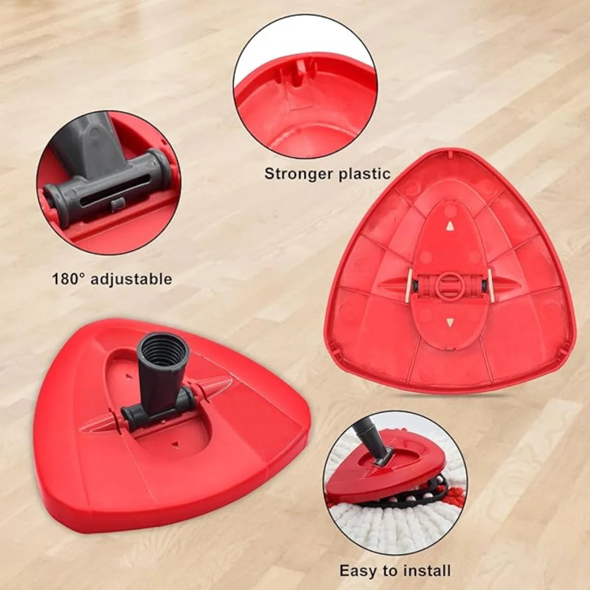 Red adjustable spin mop replacement set with various components shown in detail