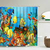 A vibrant shower curtain featuring colorful tropical fish and sea turtle designs.