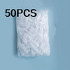 A pile of 50 disposable transparent shower caps is shown against a light blue background.