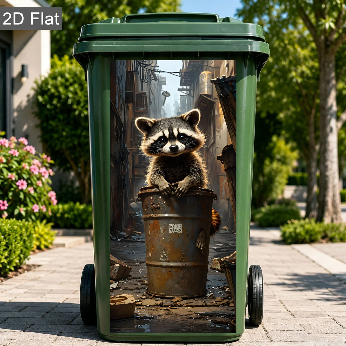 Un cubo de basura verde con calcomanía de cara de mapache, sobre una acera.